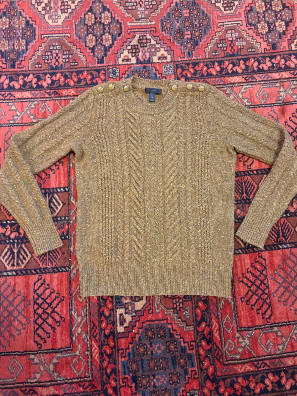 J. Crew Merled Olive Cable Knit Crewneck Sweater with Shoulder Buttons